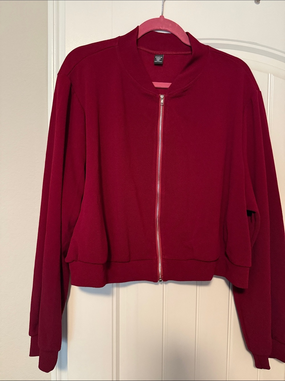 SHEIN Burgundy Zip-Front Cropped Bomber Jacket
